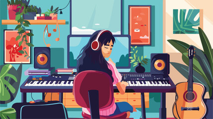 Young woman giving music lessons online at home Vector