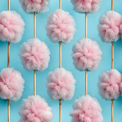 Seamless pattern of fluffy tufts of cotton candy on a stick, Generative AI