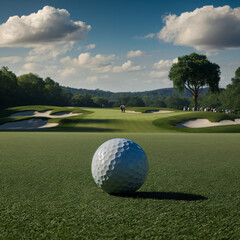 Fototapeta premium A golf ball poised for a putt amidst a breathtaking backdrop of rolling hills and lush greenery