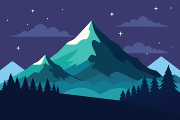 Panorama of Amazing nature. Beautiful view on a peak mountains. Mountain, forest and Starry sky. Vector