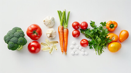 Fresh vegetables and vitamin A pills on white background
