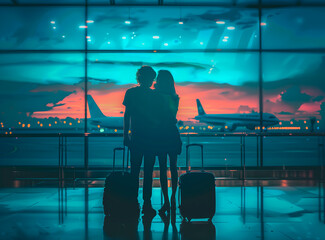 Couple in an airport terminal looking out on passenger airplanes. Concept of airtravel and going on a journey.