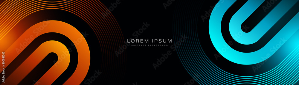Poster dark abstract background with orange and blue light effect. glowing diagonal rounded lines. modern g