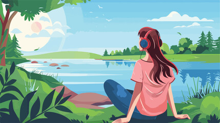 Obraz na płótnie Canvas Young woman listening to music near river Vector style