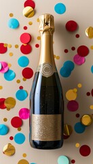 Glittery champagne bottle with confetti on beige background in a festive flat lay composition
