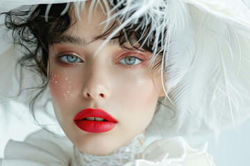 A woman with red lipstick and a white hat