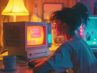 A cozy scene of a person browsing a Y2Kthemed website on a retro computer, their face lit up by the screens glow The vintage interface and nostalgic content reflect the joy of rediscovering early 2000