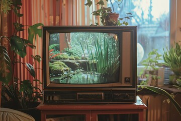 A tranquil scene of an early 2000s television showing a nature documentary, the calm narration and rhythmic visuals blending together The retro style of the TV and soothing content produce a calming,