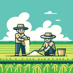 Illustration of a farmer harvesting rice in a paddy field