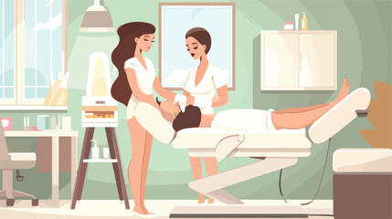 Young woman undergoing epilation of legs in beauty 