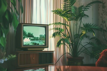 A tranquil scene of an early 2000s television showing a nature documentary, the calm narration and rhythmic visuals blending together The retro style of the TV and soothing content produce a calming,