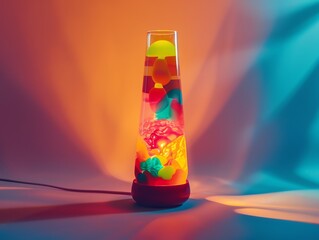 A serene image of a lava lamp from the 2000s gently shifting, its colorful blobs moving in a rhythmic dance The retro design and soothing motion create a peaceful ambiance, blending calming nostalgia