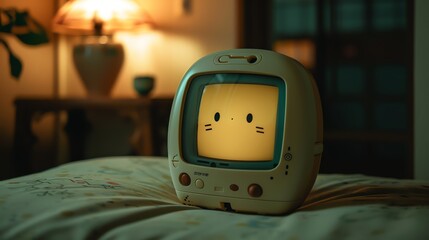 A peaceful image of a Tamagotchi screen displaying its digital pet moving in a rhythmic pattern The simplicity of the handheld device and its calming design evoke a sense of nostalgic joy and tranquil