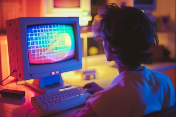 A tranquil scene of a person sitting in front of an early 2000s computer, the screen displaying a calming screensaver with a rhythmic pattern The soft hum of the machine and the serene visual create a