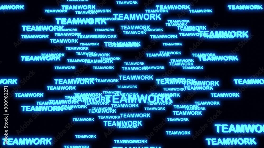 Poster teamwork text inside rotating clouds of neon holographic words. high tech neon 3d animation.