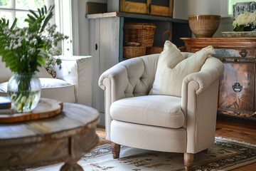 A vintage-inspired barrel chair, adding charm to a living room.