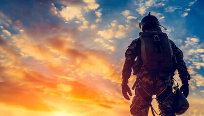 Businessman in skydive gear silhouetted against clouds, ready to leap into vast sky