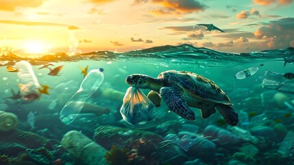 Sunset Ocean View with Sea Turtle and Plastic Pollution. Nature Conservation Concept Art. Serene Marine Wildlife Scene. AI