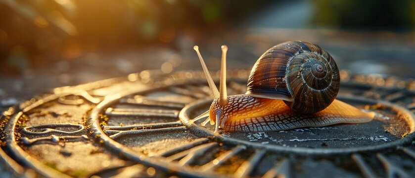 Snail crawling across a sundial, moving at its own pace , Hyper realistic