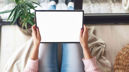 A woman is holding a tablet with a blank screen