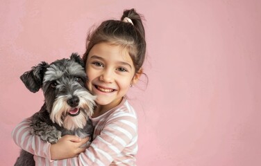 Child holding a Schnauzer dog on a pink background