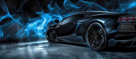 Black modern sports car with futuristic blue motion background