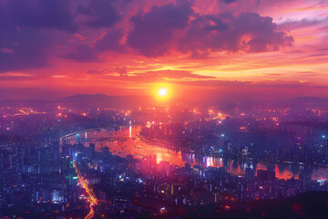 Vibrant Cityscape Overlooking a Large Lake during Sunset