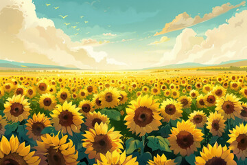 Fototapeta premium Vibrant Sunflower Field Illustration., International Sun Day, the importance of solar energy, Sun’s contributions to life on Earth.