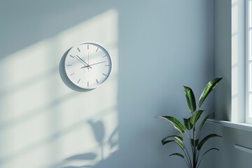 A peaceful image of a minimalist clock on a bare wall, its hands moving steadily The simplicity of the design and consistent ticking create a calming, rhythmic ambiance