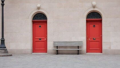 A Red Door With A Bench Beside It In A City Square   (2)