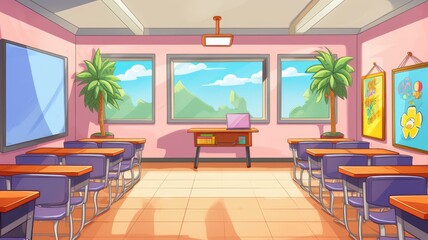 Vibrant Cartoon Classroom with Mountain View