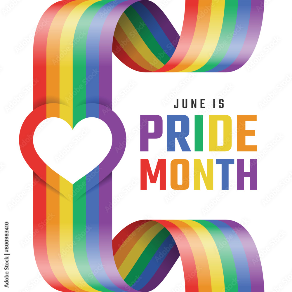 Poster june is pride month - long rainbow pride flag rolling and waving vertical with heart ring shape in t