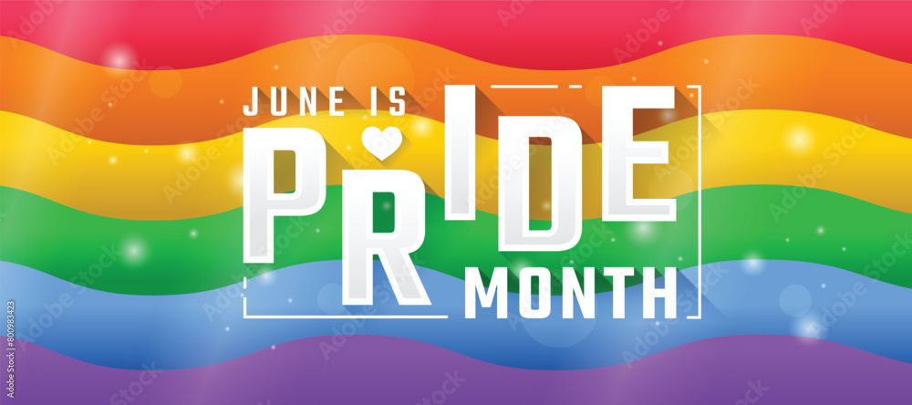 Poster june is pride month text on rainbow pride flag with waving background and bokeh and light around vec