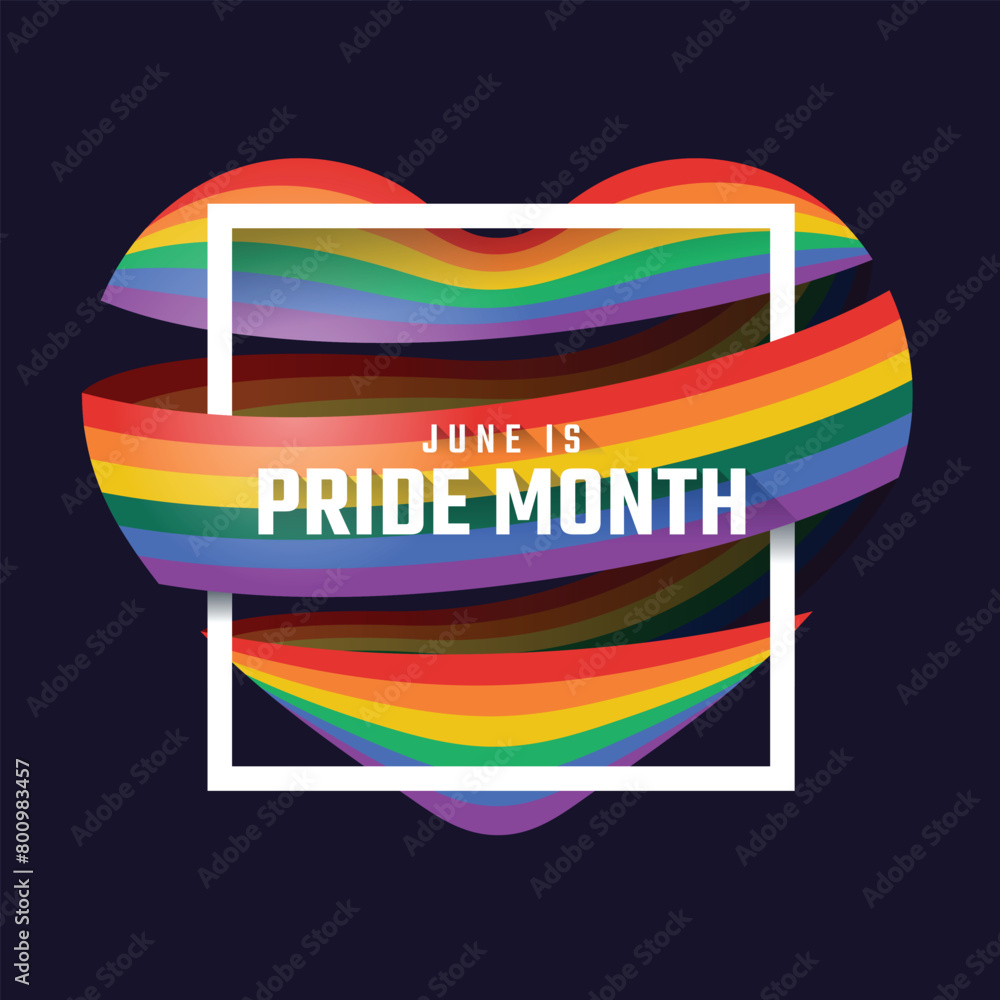 Poster june is pride month text in white frame cross rainbow pride flag with rolling heart shape on dark ba