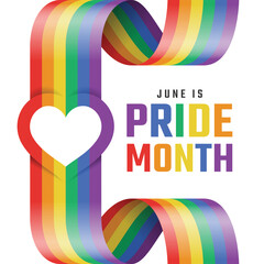 June is pride month - Long rainbow pride flag rolling and waving vertical with heart ring shape in the middle vector design