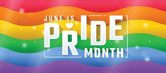 June is pride month text on rainbow pride flag with waving background and bokeh and light around vector design