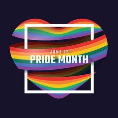 June is pride month text in white frame cross rainbow pride flag with rolling heart shape on dark background vector design