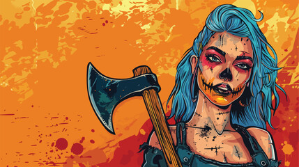 Young woman with Halloween makeup and axe on color background