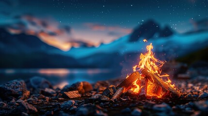 A campfire with flickering flames set against a mountain backdrop in the desert at night