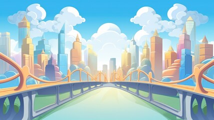 Celestial Cityscape with Rainbow Bridge Illustration - obrazy, fototapety, plakaty
