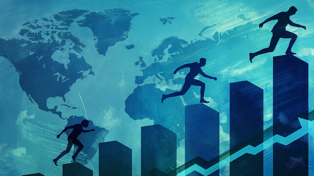 Illustration of three people running up a blue bar graph with a world map background, one person standing on top of the bar chart reaching out to another man in silhouette