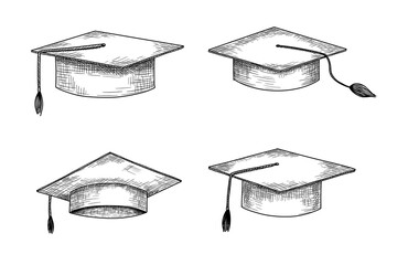 Graduate hat sketch set. Hand drawn university cap in etching style. Academic hat monochrome illustrations