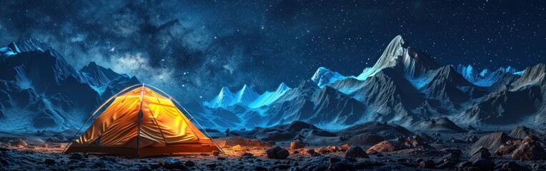 A glowing tent stands out in the rugged mountain range, contrasting against the rocky terrain