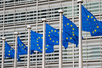 Fluttering European Union flags in a row in Brussels, Belgium. Close up