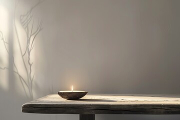 A serene scene of a minimalist table with a single candle flickering gently The soft, rhythmic movement of the flame against the bare table creates a calming atmosphere