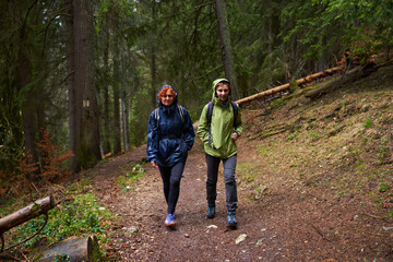 HIkers with backpacks on a trail in a rainy day - 800985057