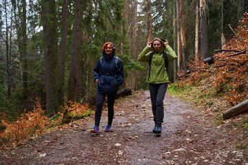 HIkers with backpacks on a trail in a rainy day - 800985059