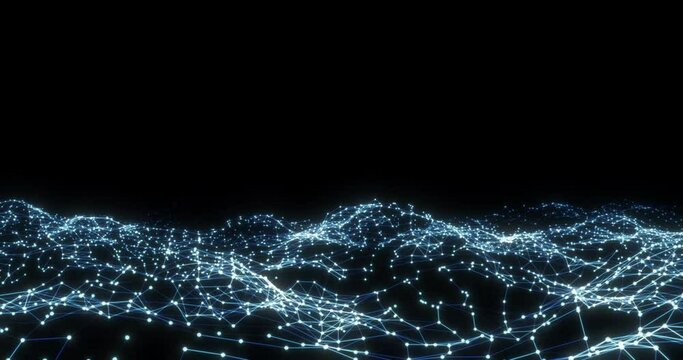 An ocean of oscillating plexuses of dots and lines, emerging and breaking connections on a black background. Looping seamless animation.
