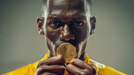 Focused athlete with a gold medal, capturing the essence of Olympic accomplishment.