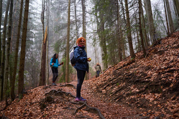 HIkers with backpacks on a trail in a rainy day - 800985277
